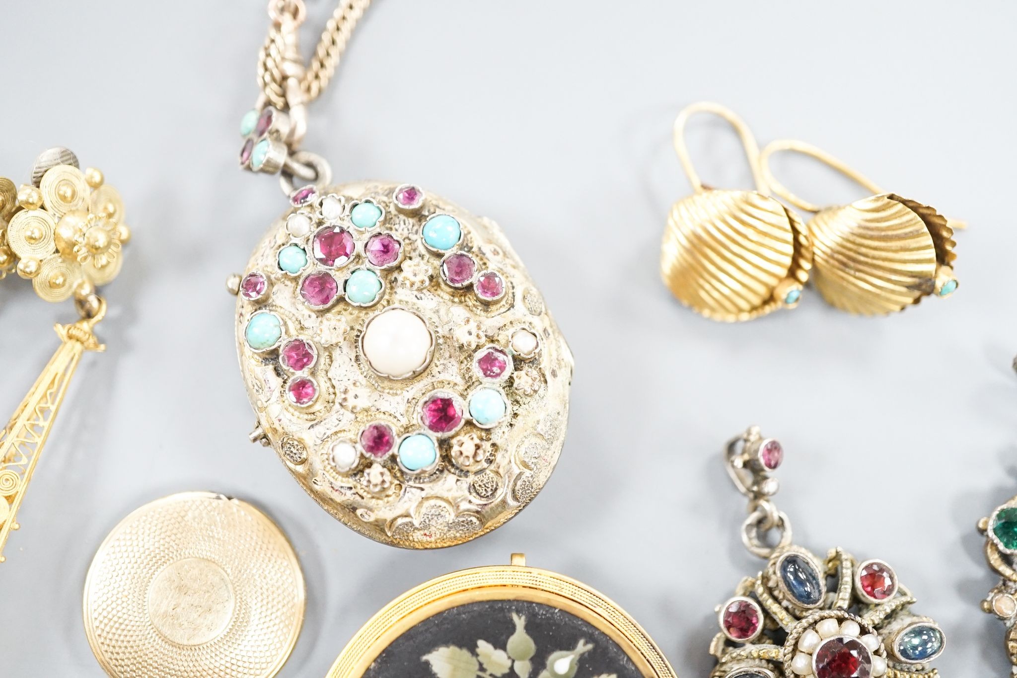 Mixed Victorian and later jewellery, including a pair of yellow metal cannettile work drop ear clips, overall 75mm, gross 12 grams (adapted), paste set locket and pendants, a William IV mourning pendant(a.f.),pair of yel